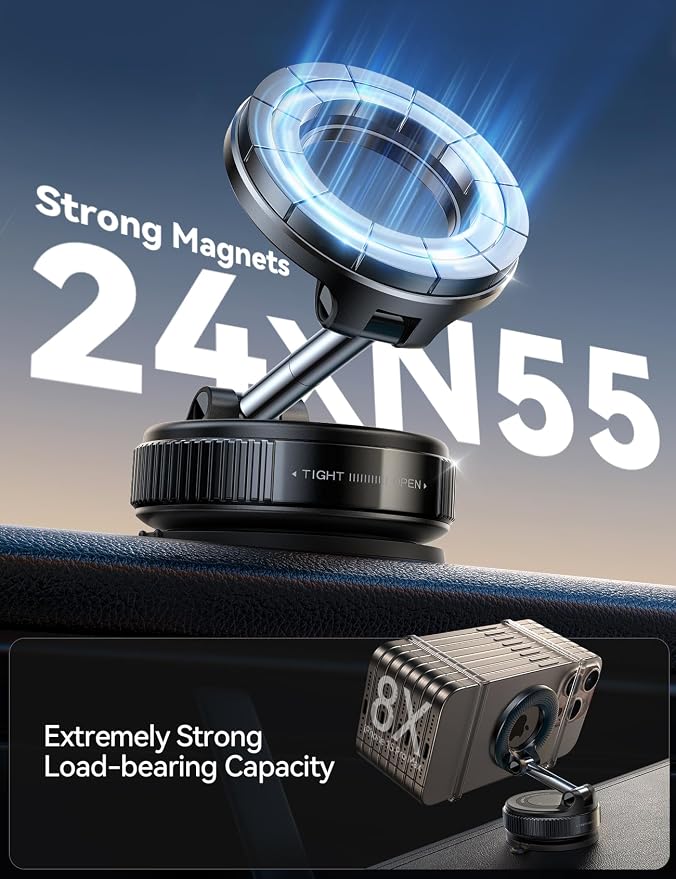 Vacuum Magnetic Phone Holder for Car, Strongest Suction Cup Phone Mount, 360° Adjustable Magsafe Car Mount, Foldable Car Phone Holder for iPhone 17 Pro Max 16 15 14 13 12 Plus/Android