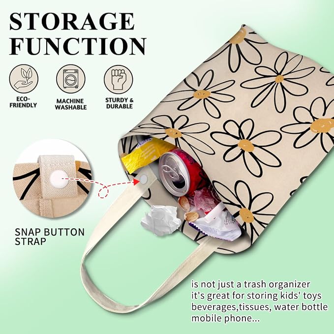 Car Trash Can, Cute Car Trash Bag, Hanging Car Organizer and Storage Bag, Trash Bin for Car Accessories, Vehicle, Travelling, Camping Cute Beige Daisy