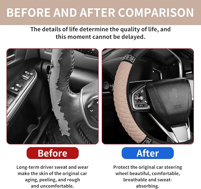 Bling Car Steering Wheel Cover, 15 Inch Rhinestones Soft Leather Elastic Steering Wheel Protector, Sparkly Crystal Diamond for Women, Car Interior Accessories for Most Cars (Beige)