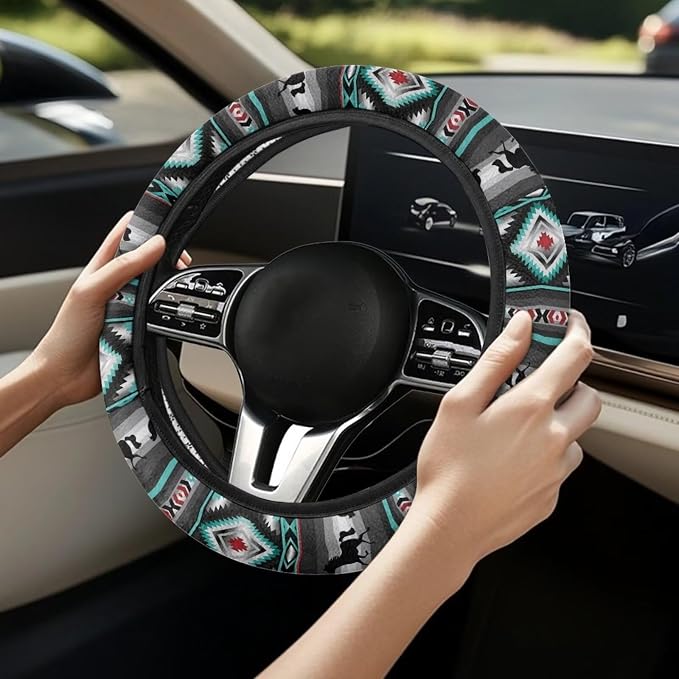 Car Steering Wheel Cover, 15 Inch Soft Breathable Steering Wheel Protector for Women Men, Universal Fit for SUV Sedan Van Truck, Aztec Geometric Horse Gray Teal