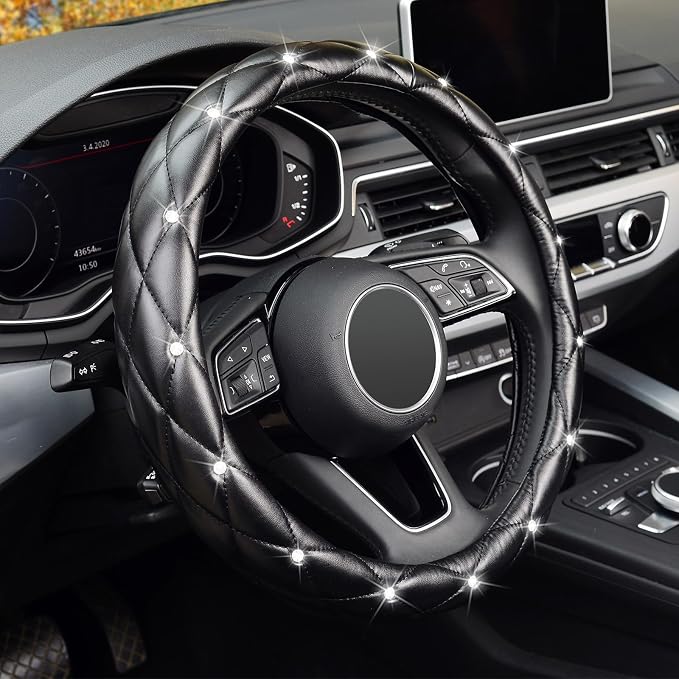 Diamond Soft Leather Steering Wheel Cover with Bling Bling Crystal Rhinestones, Universal 15 inch Anti-Slip, Car Interior Accessories for Women Girls, Black