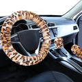 Fluffy Car Steering Wheel Cover, Universal Fuzzy Wheel Cover 14 1/2-15 & Handbrake Cover & Gear Shift Cover Set, Anti-Slip Leopard Warm Fur Vehicle Wheel Protector Car Accessories for Men Women