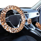 Fluffy Car Steering Wheel Cover, Universal Fuzzy Wheel Cover 14 1/2-15 & Handbrake Cover & Gear Shift Cover Set, Anti-Slip Leopard Warm Fur Vehicle Wheel Protector Car Accessories for Men Women