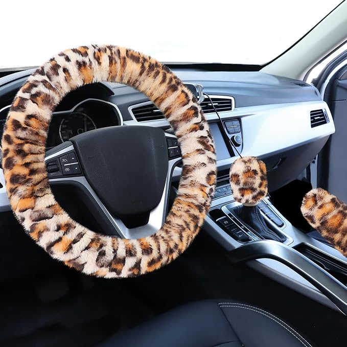 Fluffy Car Steering Wheel Cover, Universal Fuzzy Wheel Cover 14 1/2-15 & Handbrake Cover & Gear Shift Cover Set, Anti-Slip Leopard Warm Fur Vehicle Wheel Protector Car Accessories for Men Women
