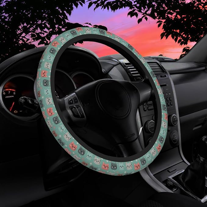 Cute Cat Face Steering Wheel Cover for Women Men Neoprene Breathable Wheel Cover Protector Anti-Slip Car Accessories Universal 15 Inch Fit for Cars Trucks Vehicles