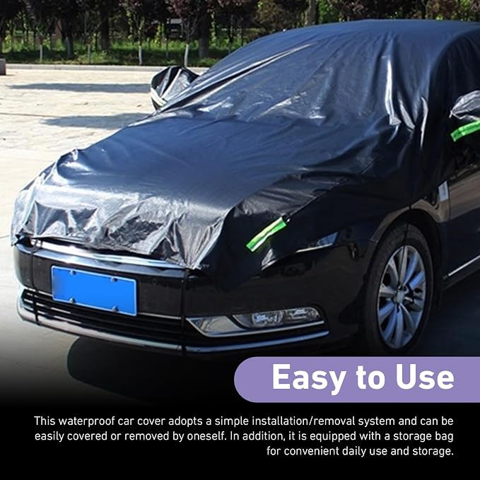 Half Car Cover, Thickened Oxford Waterproof Windshield Cover, All-Season Foldable Protective Shield for Rain Ice Snow Sand Leaves, for Most Sedans (Black, 17Ft Long)
