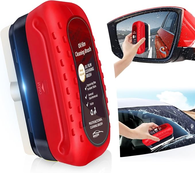 Automotive Oil Film Cleaning Brush, Upgraded Antifog & Rainproof Glass Cleaning Board, Reusable Glass Oil Film Remover for Car Windows & Windshields (Red)