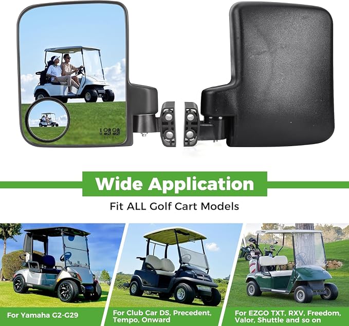 Golf Cart Mirror No Drilling Side Mirrors with Blind Spot Mirrors Universal for Yamaha, Club Car, EZGO, Folding Side Rear View Mirrors Adjustable 180 Degree HD Glass