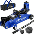 2 Ton Low Profile Floor Jack, 4000 lbs, with 2 Pads & Bag – Blue | Steel floor jack, 5.3"-13" lift. Overload valve. Smooth casters. For garage, workshop & auto.