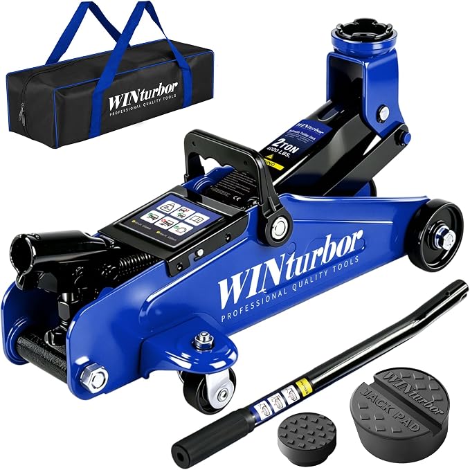 2 Ton Low Profile Floor Jack, 4000 lbs, with 2 Pads & Bag – Blue | Steel floor jack, 5.3"-13" lift. Overload valve. Smooth casters. For garage, workshop & auto.