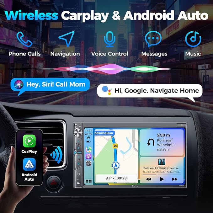 Upgrade Wireless Double Din Car Stereo with Apple Carplay, Android Auto, Dash Cam, Bluetooth, 4-Channel RCA, 2 Subwoofer Ports, 7" HD Capacitive Touchscreen Car Radio, 60W*4, Backup Camera