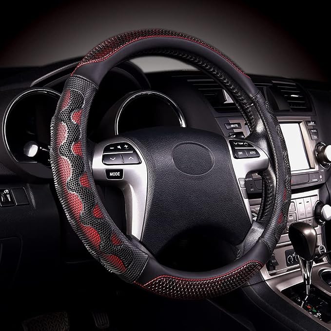 car Steering Wheel Cover Faux Leather Massage Universal fit 3D Honeycomb Hole Anti-Slip Sporty 15 Inches (Red with Black)