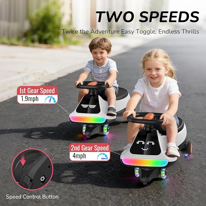 12V Electric Wiggle Car for Kids with Pedal, Display, Rechargeable Battery, LED Light, Bluetooth, Light-Up Wheels, Anti-Rollover, 2 Speeds, Ride on Toys, Birthday Gifts for Age 3+, 150Lbs