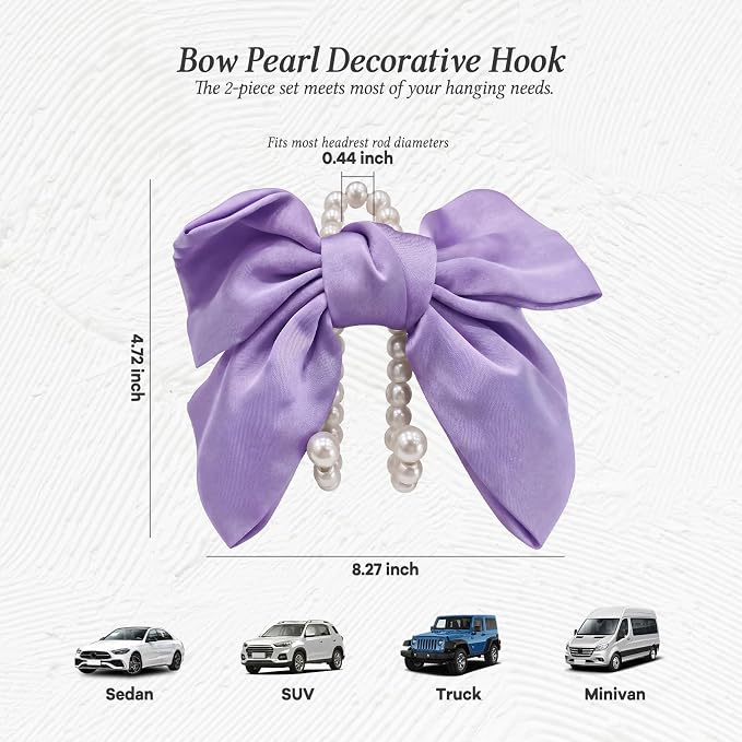 2PCS Satin Bow Pearl Car Seat Headrest Hooks – Car Bag Holder & Vehicle Hanger for Purses – Cute Coquette Aesthetic Interior Decoration – Cute Auto Organizer Accessories Universal (Lavender Purple)