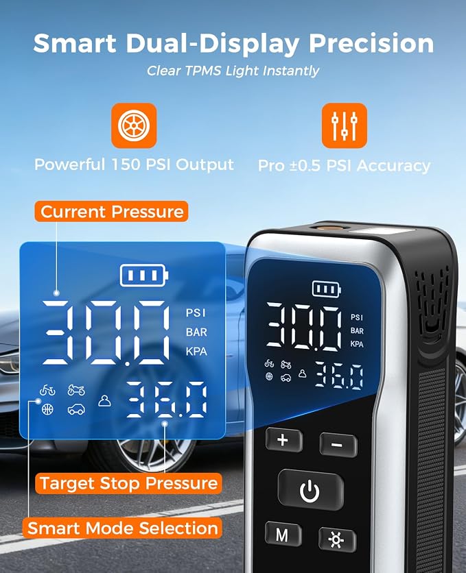 Tire Inflator Portable Air Compressor, Dual Power (Cordless & 12V DC) Air Pump for Car Tires, 150PSI Fast Air Pump for Moto, Bike, Large Capacity Battery, Digital Gauge with Emergency LED Light