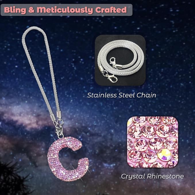 Bling Pink Car Accessories for Women Letter Charm, Rainbow Color Rear View Mirror Cute Crystal Pendant Car Decorations, Lucky Gifts Girly Diamond Rhinestone Charm Interior C