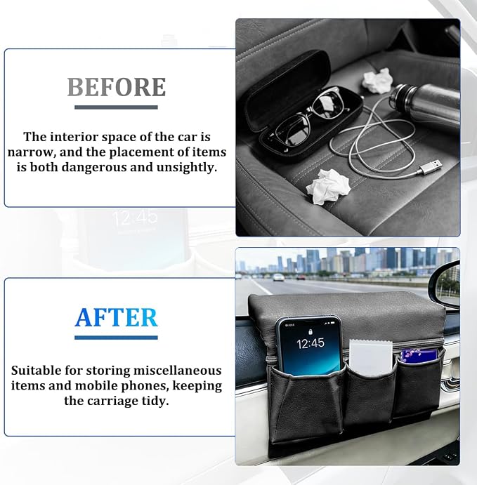 Car Window Side Storage Box, Multifunctional Leather Vehicle Side Door Armrest Pad Organizer with Pockets, Auto Window Arm Elbow Rest Storage Bag, Universal for SUV Van Truck (Black)