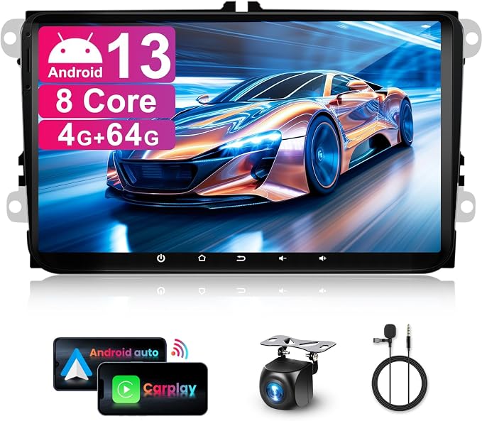 4+64G Android Car Radio Stereo with Wireless Carplay for VW Passat Tiguan Golf MK5 MK6 Jetta Skoda Seat Polo 9 Inch Capacitive Touch Screen Android Auto GPS Navigation Bluetooth FM GPS Radio