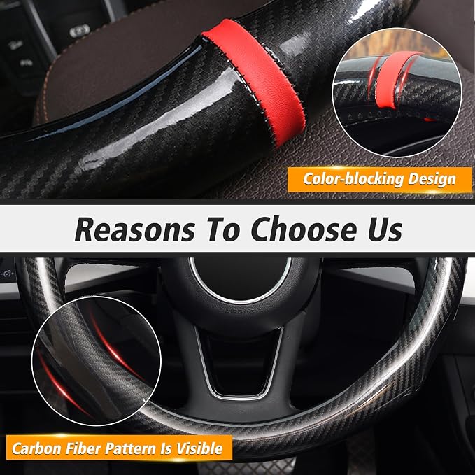 16 inch Steering Wheel Cover Carbon Fiber, Compatible Large-Size for F150 F250 F350 Ram 4Runner Tacoma Tundra Range Rover Model Car Accessories for Women Men