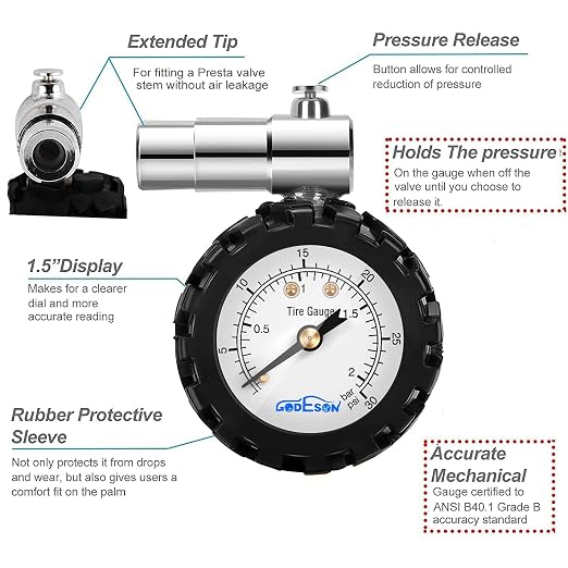 Presta Valve Gauge,Presta Valve Tire Pressure Gauge with Bicycle Air Pressure Relief Range to 0-30PSI /0-2BAR, Perfect for Mountain Bicycle Fat Tires