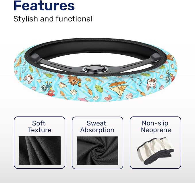 Blue Tropical Ocean Steering Wheel Cover, Polyester Non-Slip Car Wheel Grip, Universal 15 Inch Auto Accessory