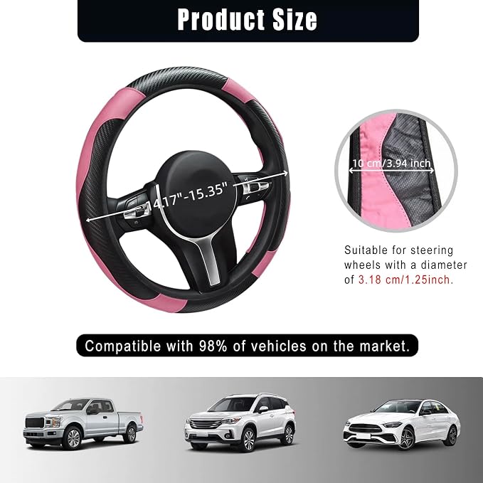 Leather Car Steering Wheel Cover, 15 Inch Anti-Slip Carbon Fiber Black Steering Wheel Cover, Universal Car Interior Accessories for Trucks Sedans SUVs (Black & Pink)
