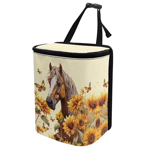Horse Sunflower Butterfly Print Car Trash Can with Lid, Leak Proof Auto Trash Bag Hanging Vehicle Garbage Can Multipurpose Storage Container for Back Seat Road Trip
