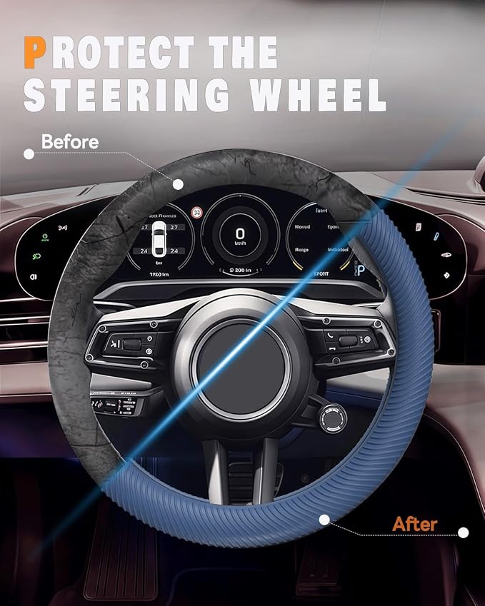 Car Steering Wheel Cover, Thin Anti-Skid Silicone Steering Wheel Cover for Men & Women, Universal Automotive Interior Accessories for Most Cars (Dark Blue)
