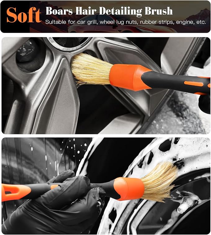 7PCS Motorcycle Cleaning Kit with 2-Size Bendable Wheel Brushes-Hard Reach Brush,Tire and Chain Brush, Boar Hair Detailing Brush, Wash Mitt & Microfiber Towel for Dirt Bike & Car Wheels