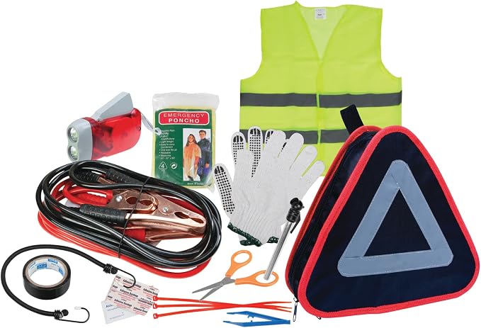 W1557 Roadside Assistance Kit with Jumper Cables, Reflective Triangle, Flashlight, Safety Vest, and More, in Zippered Storage Case