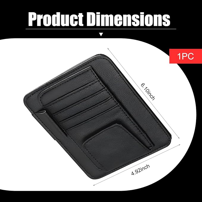 Car Sun Visor Organizer, Multi-Pocket Leather Auto Visor Storage Bag with Clip-on Design, Car Interior Organizer for Cards, License, Sunglasses and Pens, Universal for Most Cars (Black)