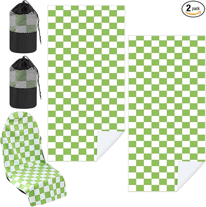 Car Seat Towel Covers with Storage Bag, 63 x 32 Inch Universal Non Slip Waterproof Sweat Protector for Car Truck, Gym Swimming Running, Machine Washable(2 Pack,Green and White Plaid)