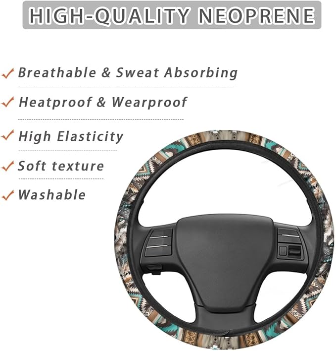 Aztec Wolf Dream Catcher Car Steering Wheel Cover Universal 15 Inch for Cars Anti-Skid Soft Touch Elastic All Weather Protection