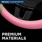 Car Steering Wheel Cover - Microfiber Leather Steering Wheel Wrap Sports 14.5-15 Inch Steering Wheel Cover Non-Slip for Men Women Pink & Beige Color