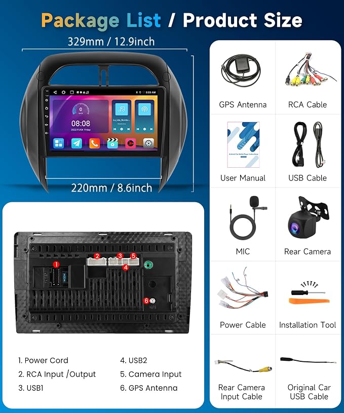 5G WiFi Car Radio for Toyota RAV4 2003-2005 with Wireless Carplay/Android Auto,Android Car Stereo 9 Inch Touch Screen GPS DSP Bluetooth FM/RDS Mirror Link SWC Backup Camera 2+64G