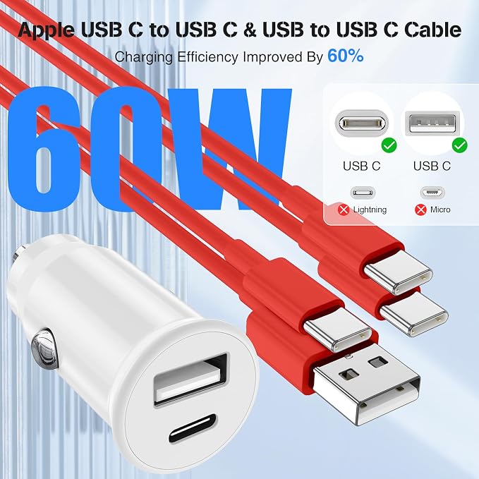 USB C Car Charger for iPhone 17 16 15 Pro Max, 40W Dual Port USB-C & USB-A Car Fast Charging Adapter, 2X6.6FT C to C Cable & A to C Carplay Cable for iPhone 17 16 15 Series/iPhone Air,iPad,Samsung-Red