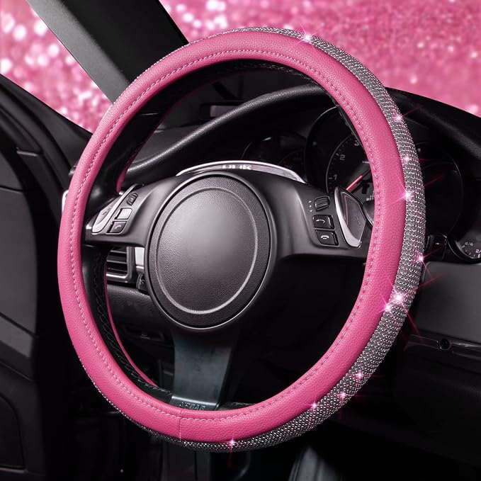 Diamond Pink Leather Steering Wheel Cover, with Bling Crystal Rhinestones Universal Fit 14" 1/2-15" Crystal Glitter for Women Sparkle Girl Fit Suvs,Vans,Sedans,Cars,Trucks, Pink Diamond