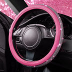 Diamond Pink Leather Steering Wheel Cover, with Bling Crystal Rhinestones Universal Fit 14" 1/2-15" Crystal Glitter for Women Sparkle Girl Fit Suvs,Vans,Sedans,Cars,Trucks, Pink Diamond