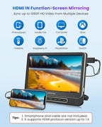 Car DVD Player, 12" Headrest DVD Player with Mount Bracket, Supports 1080P/MP4 Video, HDMI Input/Output, AV Out, AC Adapter, Car Charger, USB Card Reader, Last Memory, All Regions