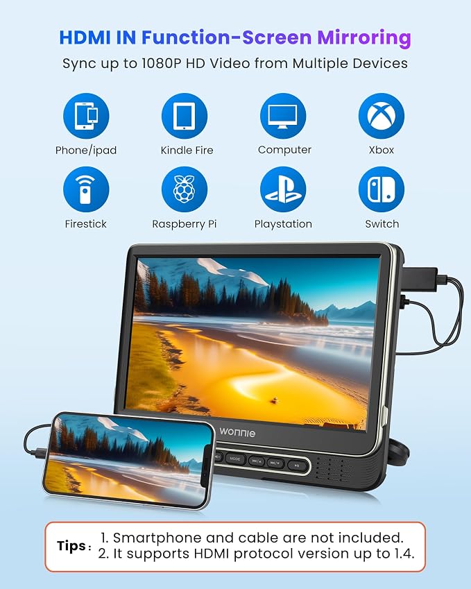 Car DVD Player, 12" Headrest DVD Player with Mount Bracket, Supports 1080P/MP4 Video, HDMI Input/Output, AV Out, AC Adapter, Car Charger, USB Card Reader, Last Memory, All Regions
