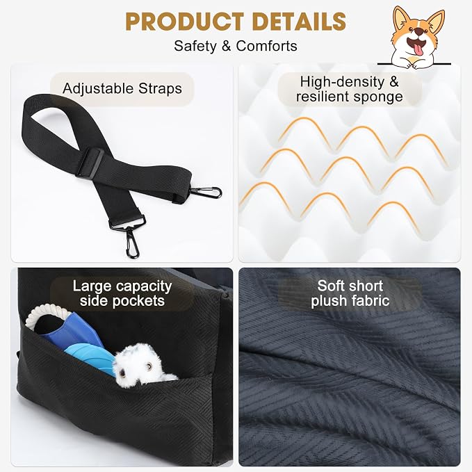 Dog Car Seats for Small Medium Dogs Under 35lbs, Dog Booster Seat with Detachable Washable Cover and Cushion, Memory Foam Pet Car Seat with Safety Belt and Storage Pockets (DG)