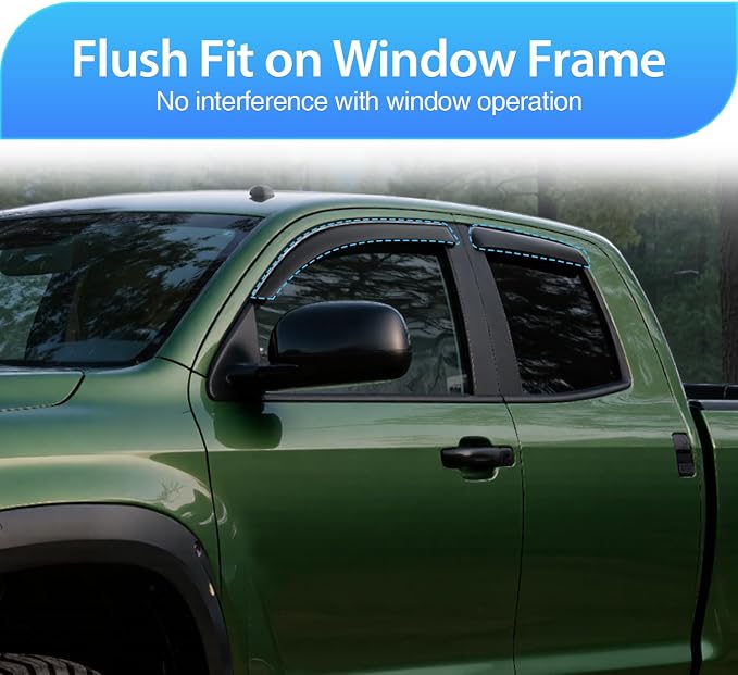 Tape-On Window Visors for Toyota Tundra Double Cab/Extended Cab 2007-2014 2015 2016 2017 2018 2019 2020 2021, Outside Mount Rain Guards Vent Visors Window Deflectors, Smoke Tint, 4PCS