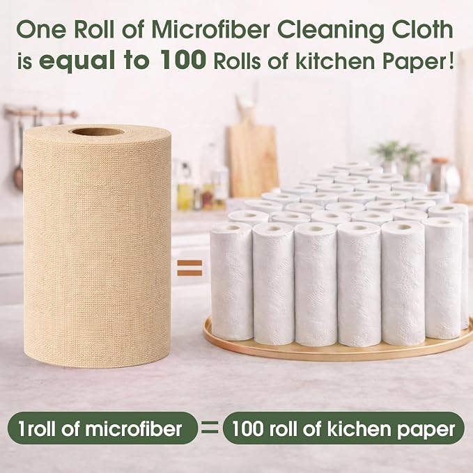 Microfiber Cleaning Cloth Roll - 100 Pack Tear Away Microfiber Paper Towels, Reusable, Washable, Scratch-Free, Kitchen Towels for Car, Home, Kitchen, Glass, Dishes (Wheat Beige)