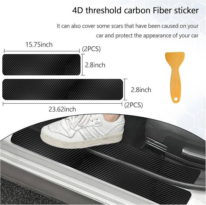 4 PCS Car Door Sill Protector, 4D Carbon Fiber Auto Door Entry Edge Guard Protection Trim, Anti-Scratch Threshold Cover Strips, Sill Protection Sticker for Car SUV Truck (Black)