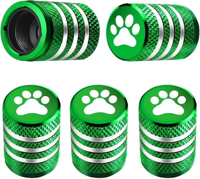 Tire Valve Stem Caps Cover - (5 Pack) Tire Air Caps Metal with Plastic Liner Corrosion Resistant Leak-Proof Dog Paw Print for Car Truck Motorcycle Bike Green