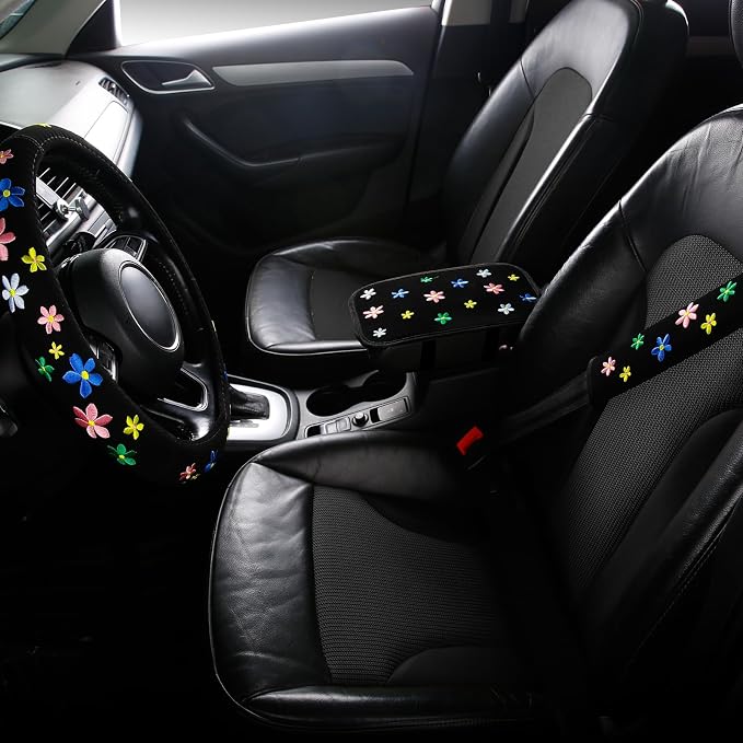 Embroidery Cute Steering Wheel Cover Floral Decor+Center Console Cover+Belt Cover,Anti-Slip,Sweat Absorption,3pcs