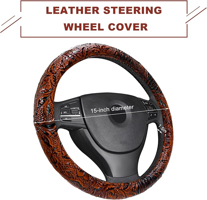 Sun Walker Leather Car Steering Wheel Cover, 15" Anti-Slip Crocodile Pattern Wheel Protector with Rose Grain, Comfortable Grip Steering Wheel Protector Universal for Cars SUVs Trucks (Brown)