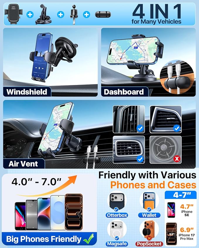HTU [2026 Latest Upgrade Military-Grade Anti-Shake Car Phone Holder, 90+LBS Strong Suction Car Phone Mount, 360° Rotatable Mount for Dashboard Windshield Vent, for iPhone 17/16 Pro Max, Deep Black