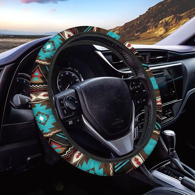 Southwest Aztec Teal Brown Car Steering Wheel Cover Soft Stretch Auto Steering Wrap Protector for Women Men, Universal Auto Accessories Fit Most Vehicles