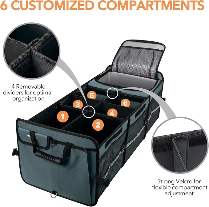 Large Trunk Organizer With Built-in Leakproof Cooler Bag, 2 Tie-Down Straps, 4 Removable Dividers, Foldable Cover, Built with 2mm PE Board, Gray